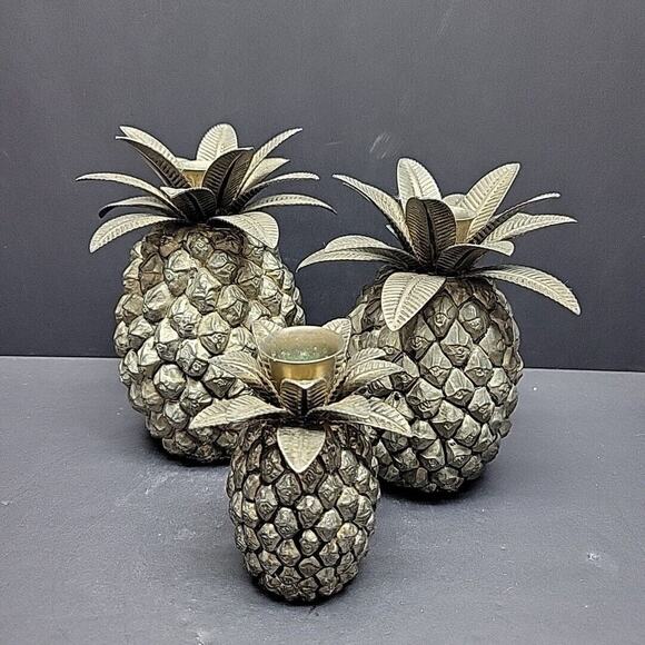 Set of 3 Godinger Pineapple Silverplate Taper Candlestick Candle Holders Vintage - Picture 1 of 16
